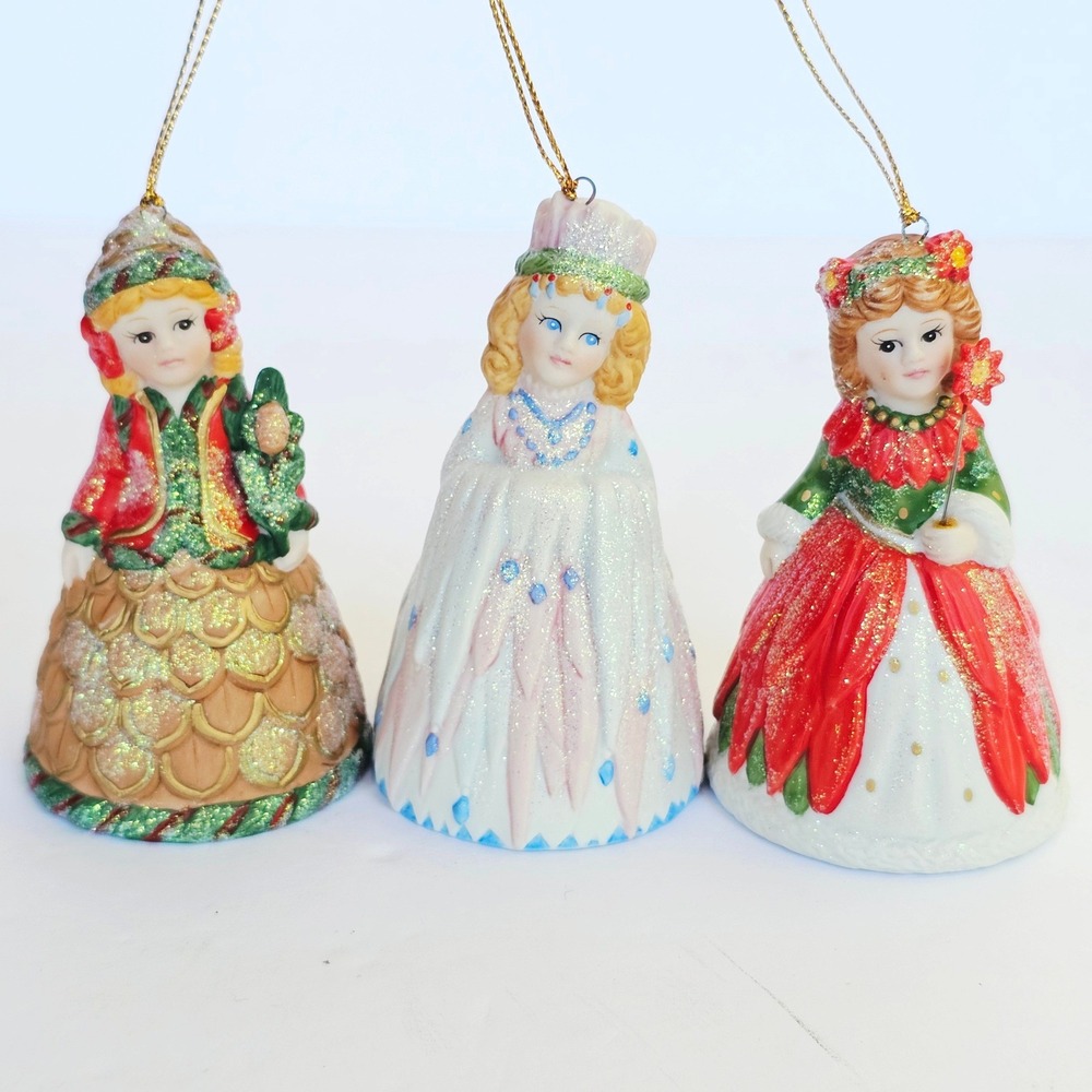 1993 Enesco Winter Maiden Belles Ornaments Marjorie Sarnat Set 3 Vintage Retro